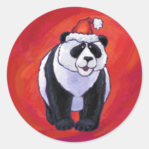 Panda Bear in Santa Hat On Red Classic Round Sticker