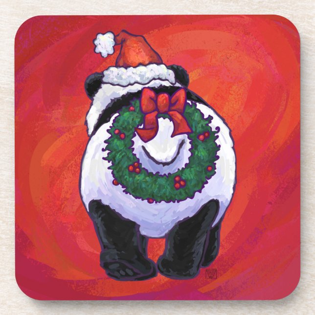 Panda Bear in Santa Hat On Red Coaster (Front)