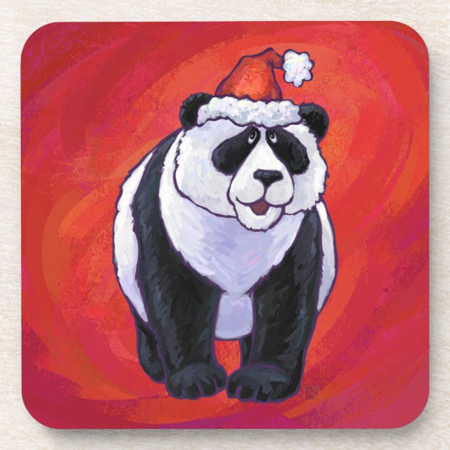 Panda Bear in Santa Hat On Red Coaster (Front)