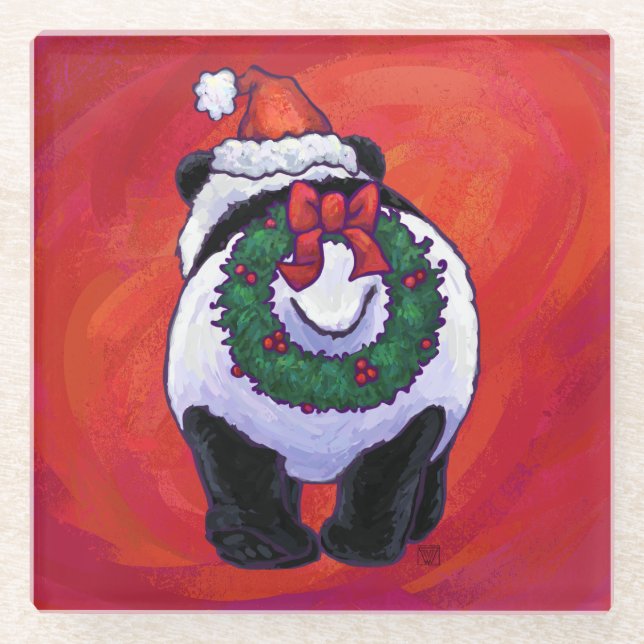 Panda Bear in Santa Hat On Red Glass Coaster (Front)