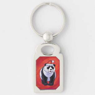 Panda Bear in Santa Hat On Red Key Ring
