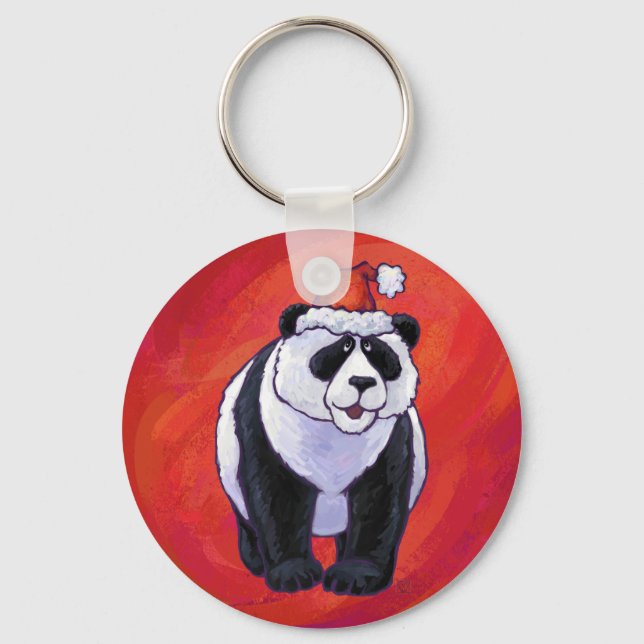 Panda Bear in Santa Hat On Red Key Ring (Front)