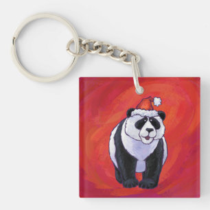 Panda Bear in Santa Hat On Red Key Ring