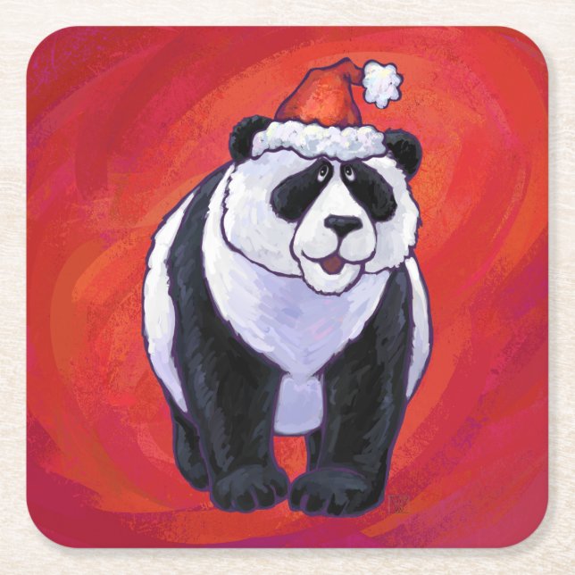 Panda Bear in Santa Hat On Red Square Paper Coaster (Front)