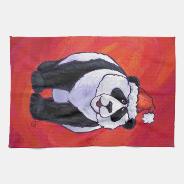 Panda Bear in Santa Hat On Red Tea Towel (Horizontal)