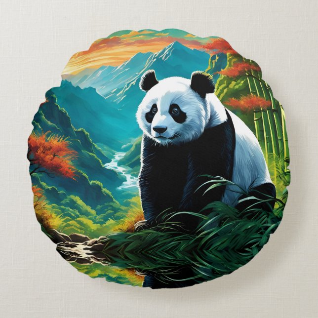 Panda Bear in the clouds Round Cushion (Front)