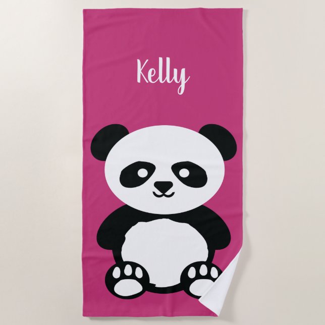 Panda Bear Kawaii Personalised Kids Bright Pink Beach Towel (Front)