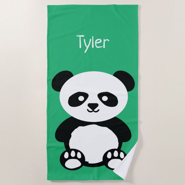 Panda Bear Kawaii Personalised Kids Green Beach Towel (Front)