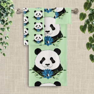 Panda Bear Lotus Flower Blue Bath Towel Set