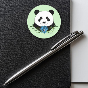 Panda Bear Lotus Flower Blue Classic Round Sticker