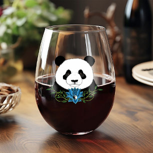 Panda Bear Lotus Flower Blue Stemless Wine Glass