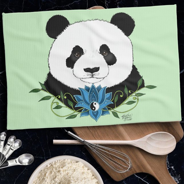 Panda Bear Lotus Flower Blue Tea Towel (Creator Uploaded)