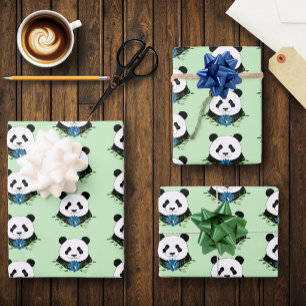 Panda Bear Lotus Flowers Blue Wrapping Paper Sheet