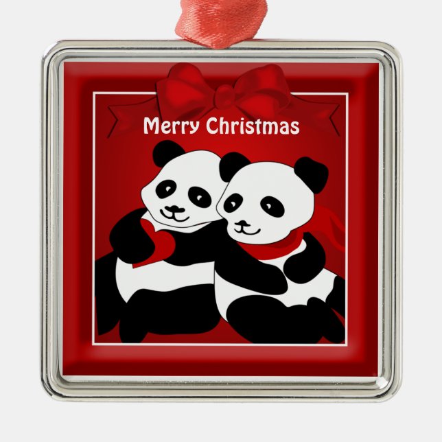 Panda Bear Love Couple Christmas Metal Tree Decoration (Front)