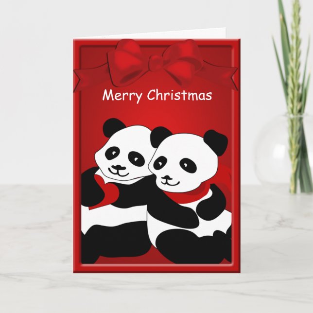 Panda Bear Love Couple Merry Christmas Greeting Holiday Card (Front)