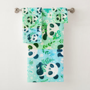 Panda Bear Pattern Green Print Bath Towel Set