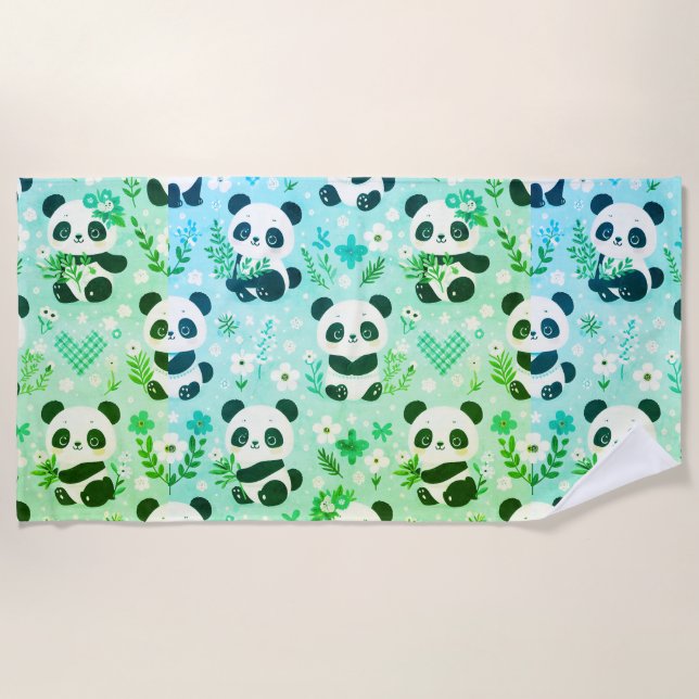 Panda Bear Pattern Green Print Beach Towel (Front)
