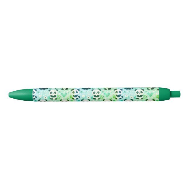 Panda Bear Pattern Green Print Black Ink Pen (Front)