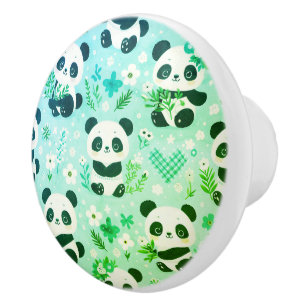 Panda Bear Pattern Green Print Ceramic Knob