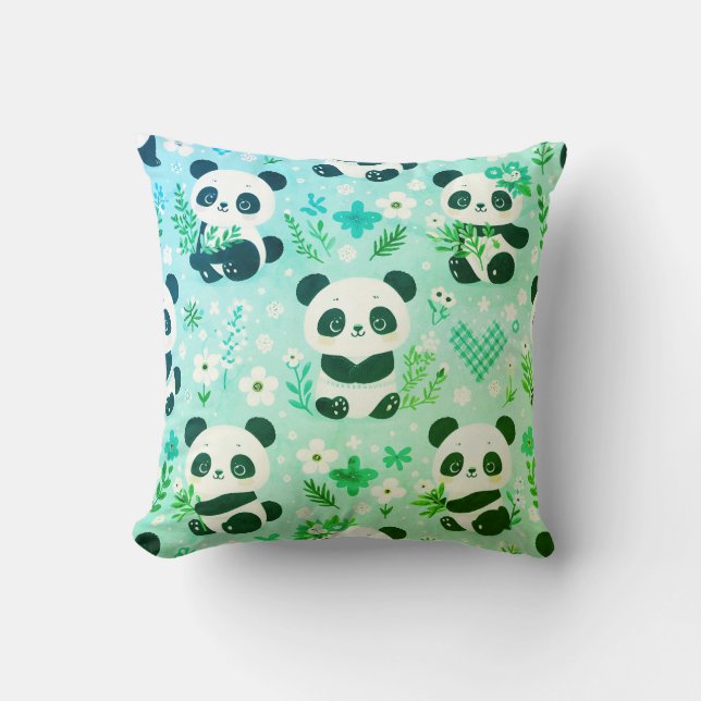 Panda Bear Pattern Green Print Cushion (Front)