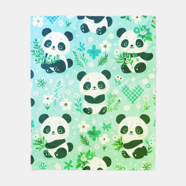 Panda Bear Pattern Green Print Fleece Blanket (Front)
