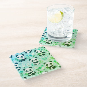 Panda Bear Pattern Green Print Glass Coaster