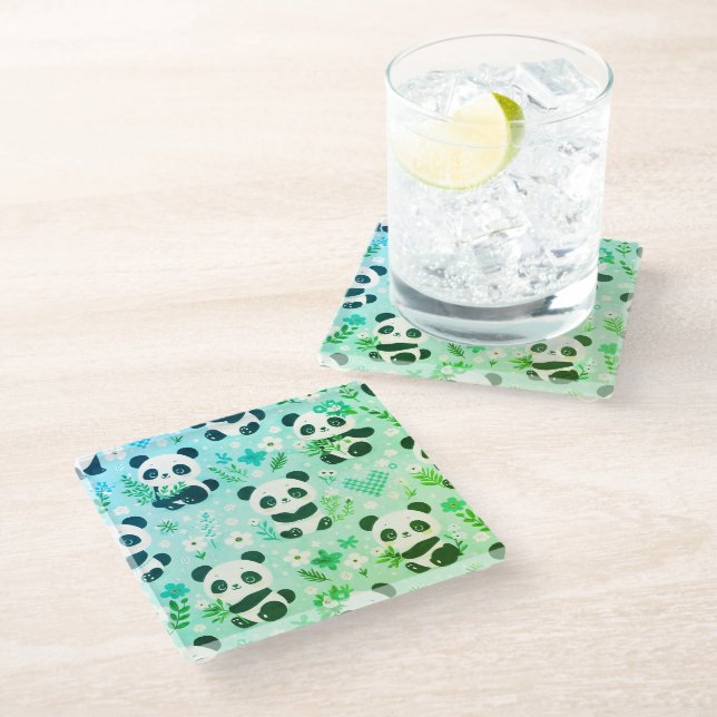 Panda Bear Pattern Green Print Glass Coaster (Angled)