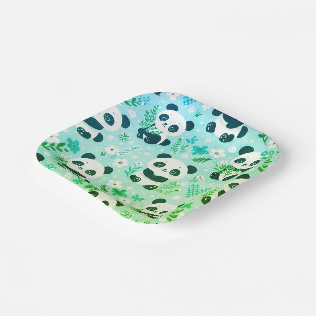 Panda Bear Pattern Green Print Paper Plate (Angled)