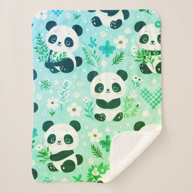 Panda Bear Pattern Green Print Sherpa Blanket (Front)