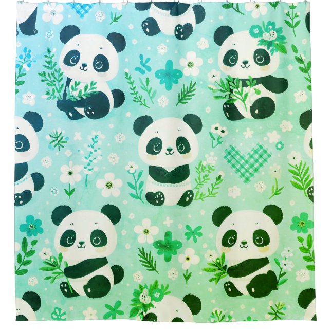 Panda Bear Pattern Green Print Shower Curtain (Front)