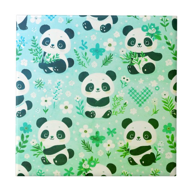 Panda Bear Pattern Green Print Tile (Front)