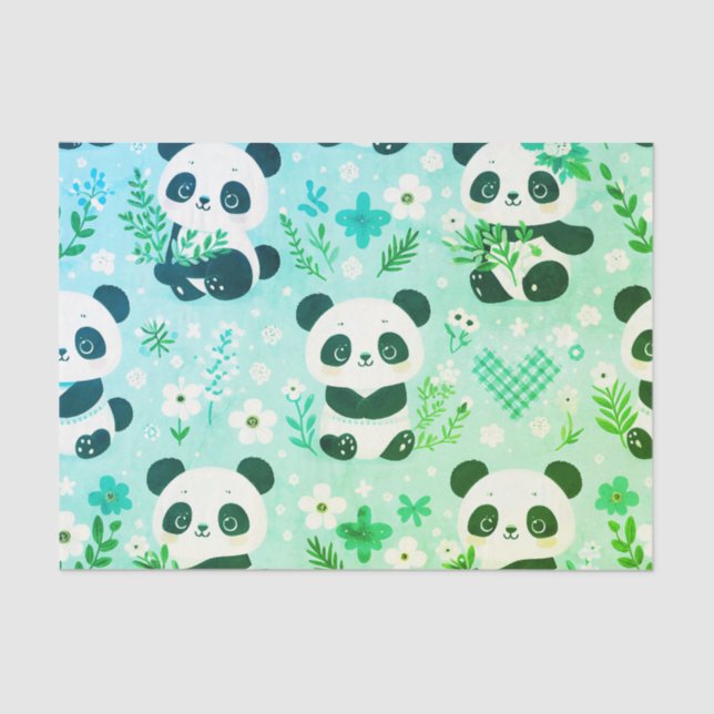 Panda Bear Pattern Green Print Tissue Paper (Front)
