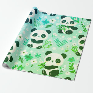 Panda Bear Pattern Green Print Wrapping Paper