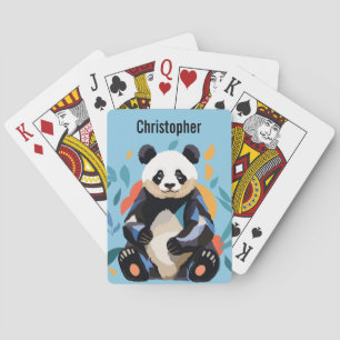 Panda Bear Personalised Name Blue Background Playing Cards