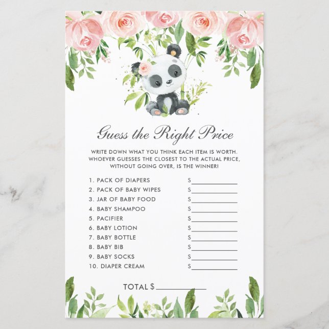 Panda Bear Pink Floral Guess The Right Price Game  (Front)