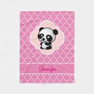 Panda Bear Pink Quatrefoil with Name Fleece Blanket