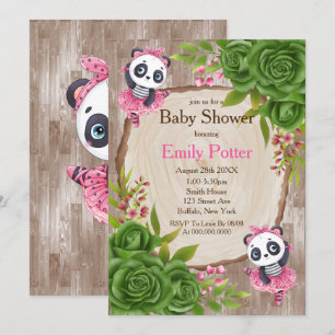 Panda Bear Pink Tutu Wood Baby Shower Invitations