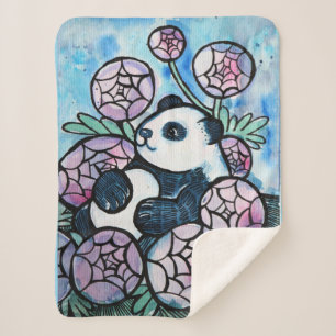 Panda Bear Purple Flowers Nature Lovers            Sherpa Blanket