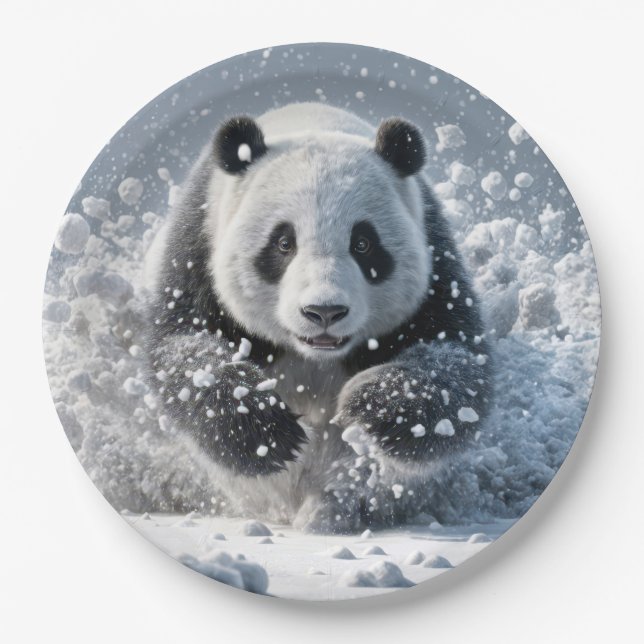 Panda Bear Running In Snow Paper Plate (Front)