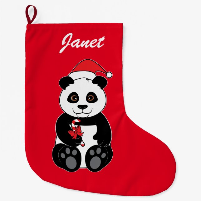 Panda Bear Snacking on Candy Cane Large Christmas Stocking (Front)