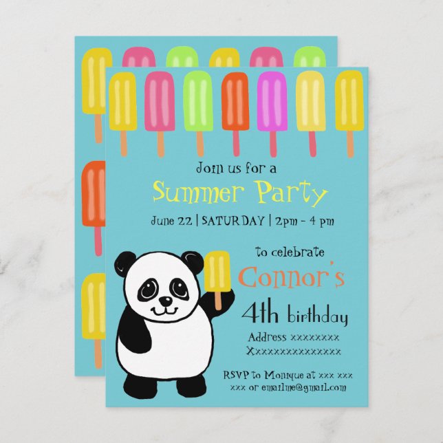 Panda Bear Summer Party with Popsicles Invitation (Front/Back)
