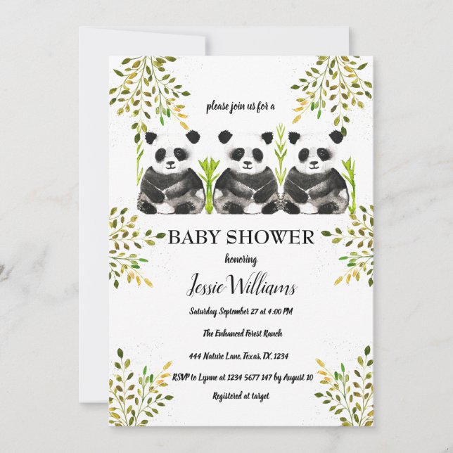 Panda Bear Triplets Baby Shower Greenery Nature Invitation (Front)