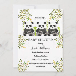 Panda Bear Triplets Baby Shower Greenery Nature Invitation