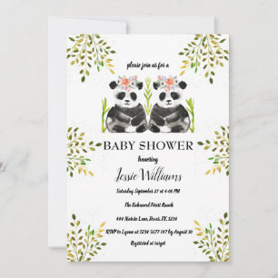 Panda Bear Twins Girl Baby Shower Greenery Nature Invitation