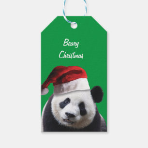 Panda Bear Wearing a Santa Claus Hat for Christmas Gift Tags