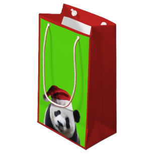 Panda Bear Wearing a Santa Claus Hat for Christmas Small Gift Bag