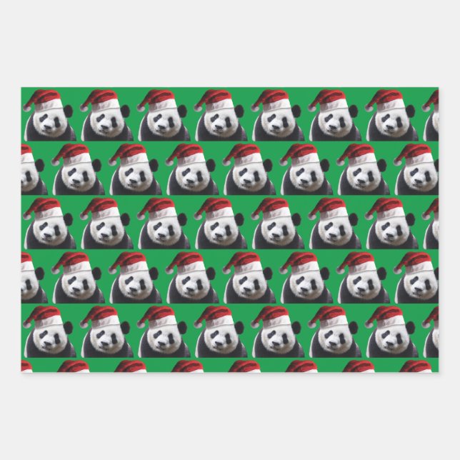 Panda Bear wearing a Santa Claus hat for Christmas Wrapping Paper Sheet (Front)