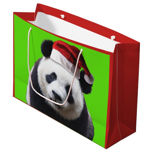 Panda Bear Wearing a Santa Claus Hat Large Gift Bag (Front Angled)