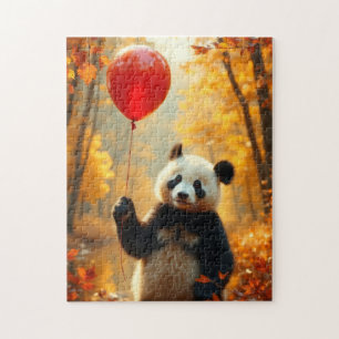 Panda Bear with a red balloon in Autumn Jigsaw Puzzle