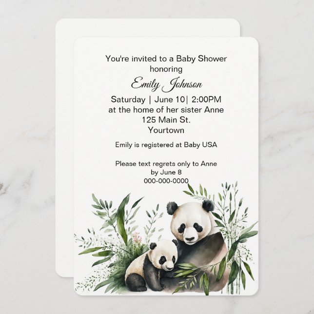 Panda Bear With Baby Cub Invitation (Front/Back)